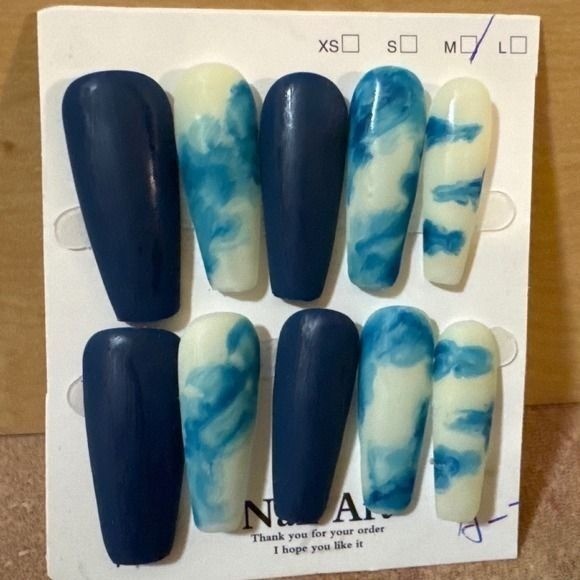 Blue Marble Press On Nails Long Coffin Navy White Swirl Size Medium 10pc Set