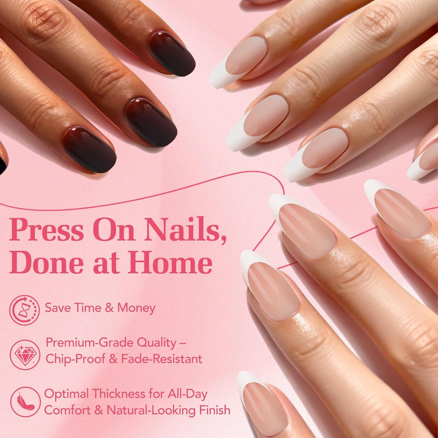 French Tip Press On Nails – Medium Pointed Almond Shape, 15 Sizes 30 Pcs Soft Ge