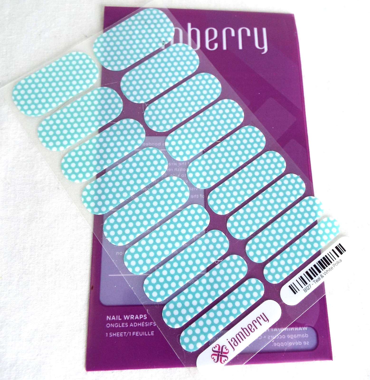 Jamberry Teal + White Polka Heat Activated Nail Wrap B127