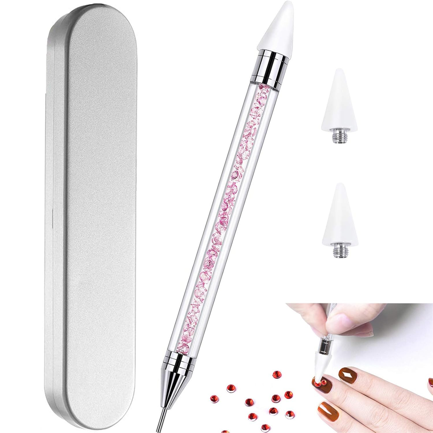 Dual-Ended Nail Rhinestone Picker & Dotting Tool with 2 Extra Wax Heads