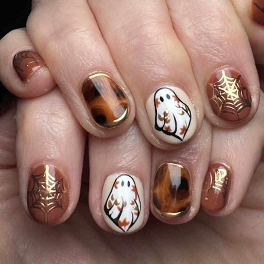24pcs Amber Halloween Press Nails Set with gilding Spiderweb & cute ghost