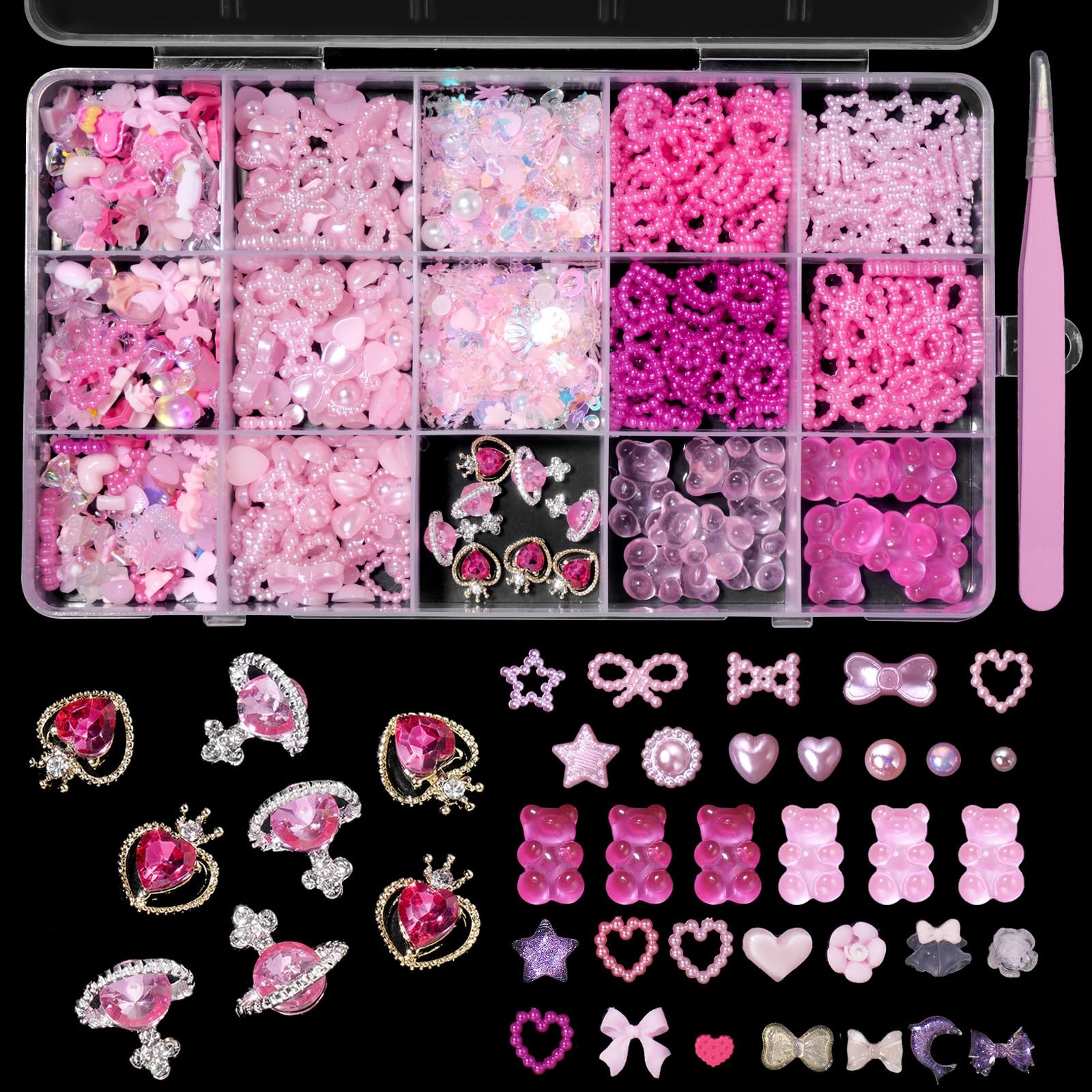 3D Pink Color Assorted Pearls Gems Nail Charms Heart Butterfly Bow Bear Nail …