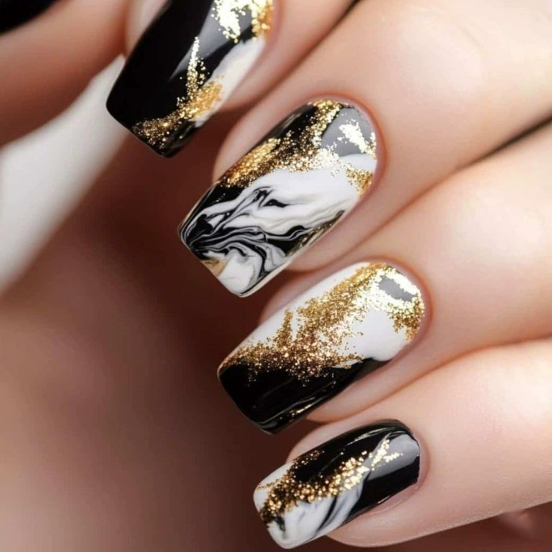 96PCS Luxury Blue White Diamond Black Gold Marble Pressure Nails Reusable Nail