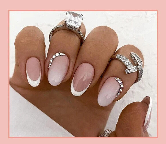 French press on nails long almond diamonds