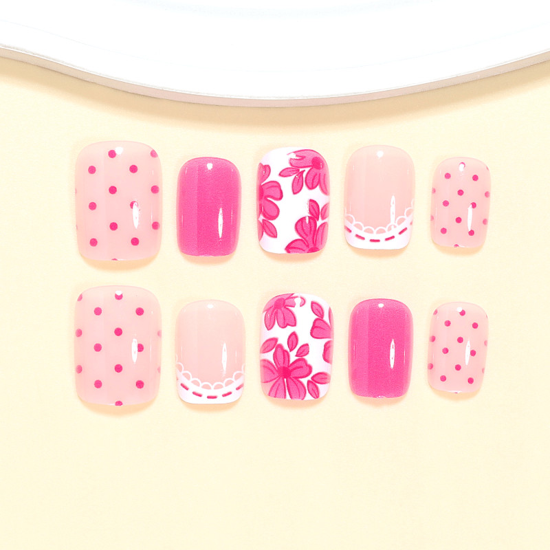 48pcs Short Square Press on Nails, Pink White Floral Lace Polka Dot Print Nails