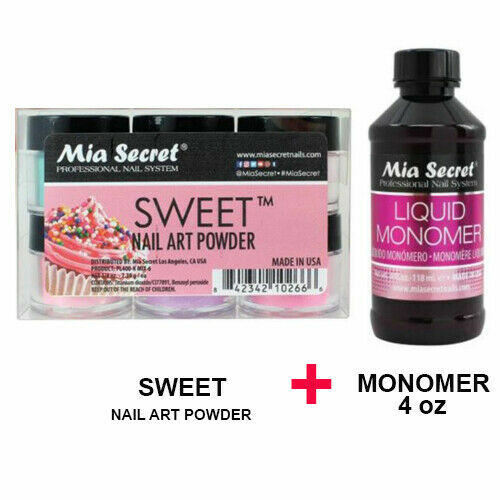 New Mia Secret Monomer 4 Ounce + SWEET Nail Art Powder 6 Colors Collection Set
