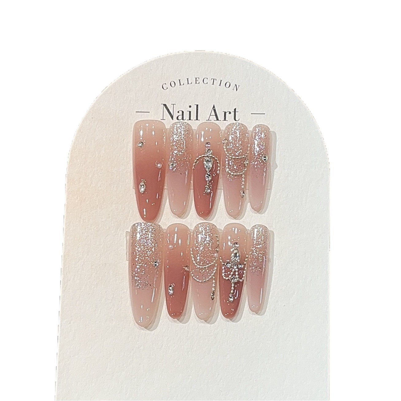 10Pcs Handmade Rose Pink Nails Silver Chain Rhinestone Sweet Dating Look