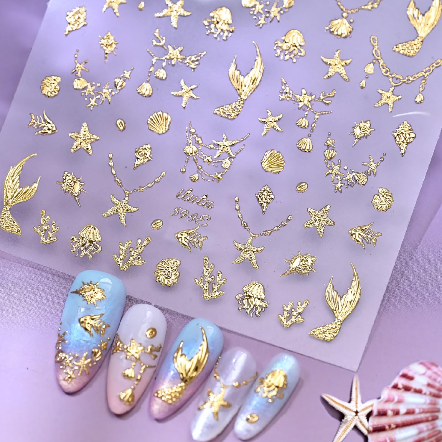 Summer 5D Embossed Nail Art Stickers Gold Glitter Star Shell Nail Decals Self…