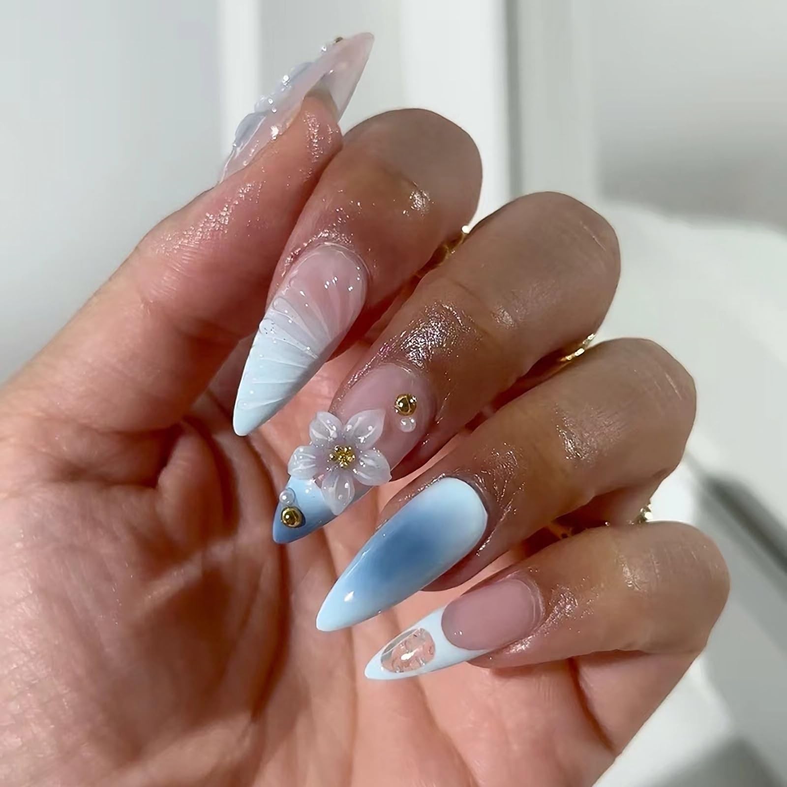 Press on Nails Almond Medium Blue Ombre French Tip Fake Nails Summer 3D Shell…