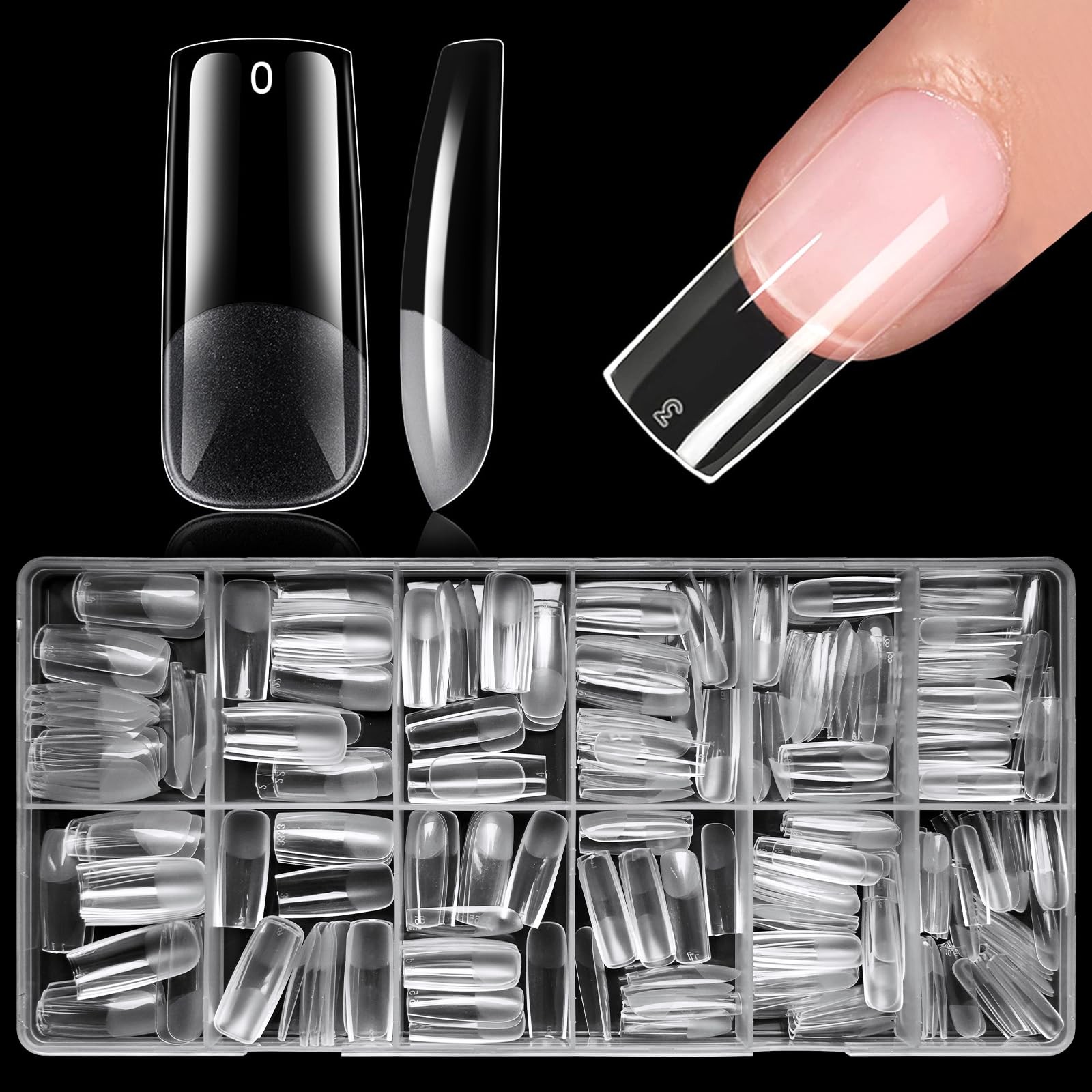 300pcs Long Square Nail Tips Full Cover Clear Acrylic Gel 15 Sizes Press-On Set
