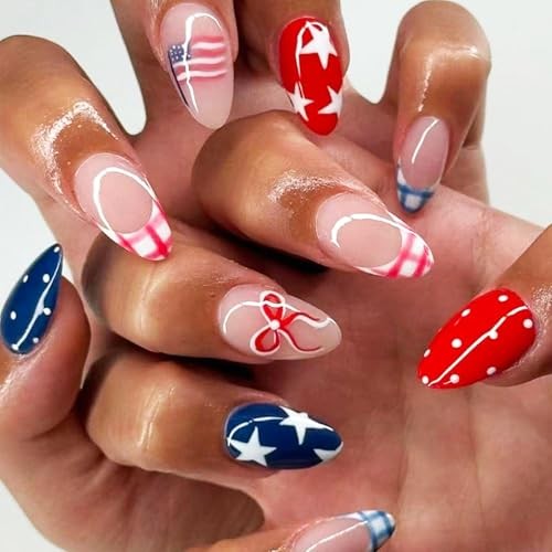 4th of July Press on Nails Short ALmond Checkered Bow Star Polka Dots Designs