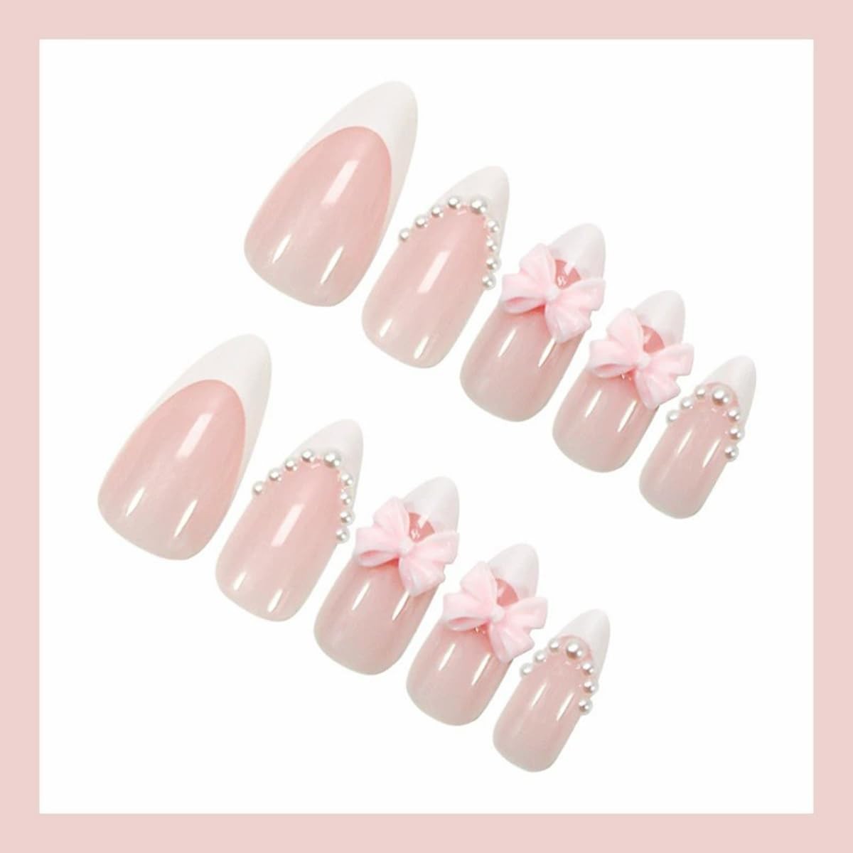 Short Almond Press on Nail with Pink Bow Charm White French Tip Press on Nail…