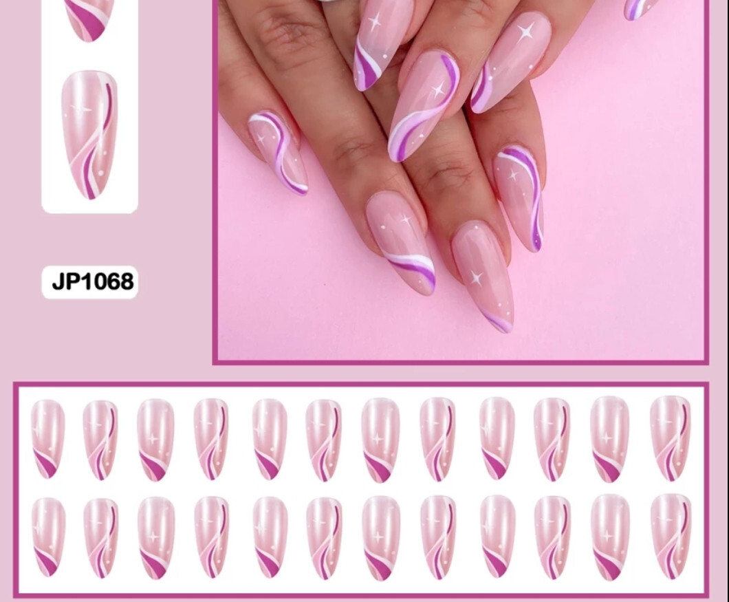 24 Press on nails kit w glue pearl swirl pink purple almond pointed