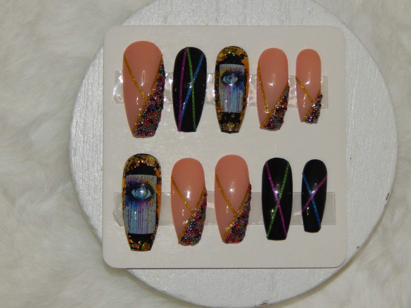 Luxury Handmade Press-On Nails I Reusable l Color Eyes I Coffin I Length Medium