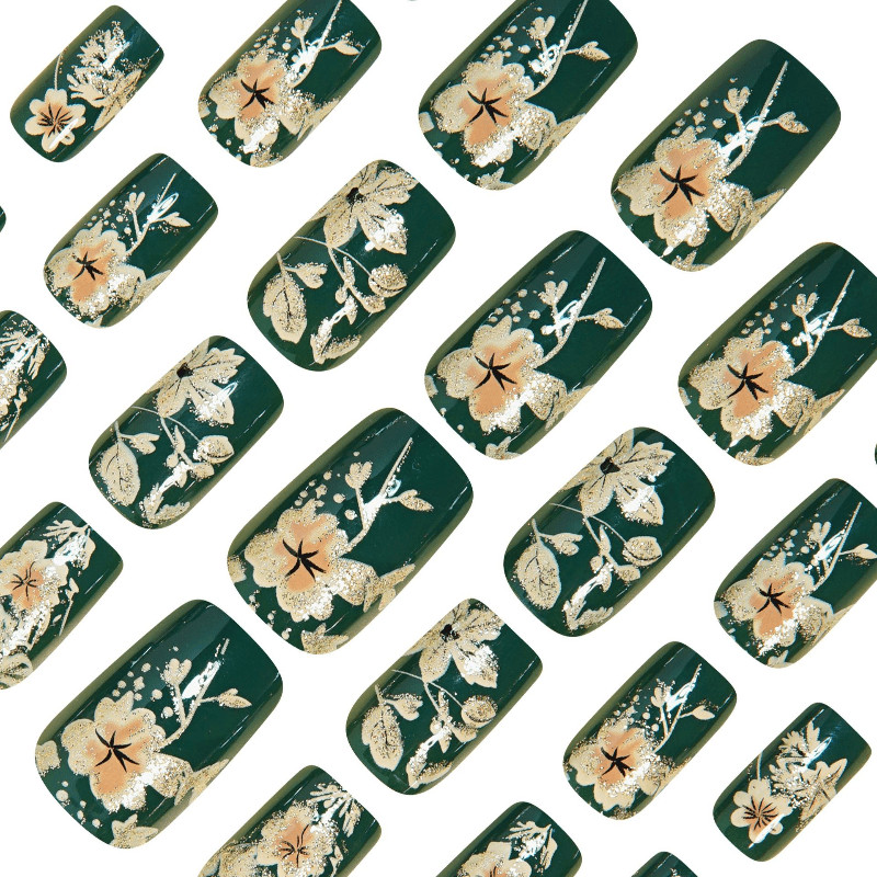 48P Long Coffin Press on Nails, Dark Green Gold Foil Floral Luxury Fake Nails