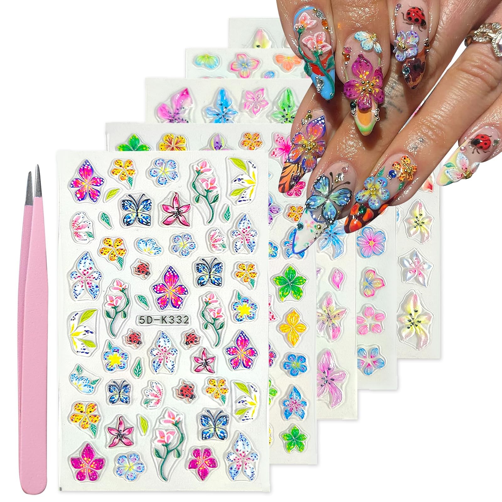 SEMATA Colorful Flower Nail Art Stickers Nail Decals for Women | 5D Embossed …