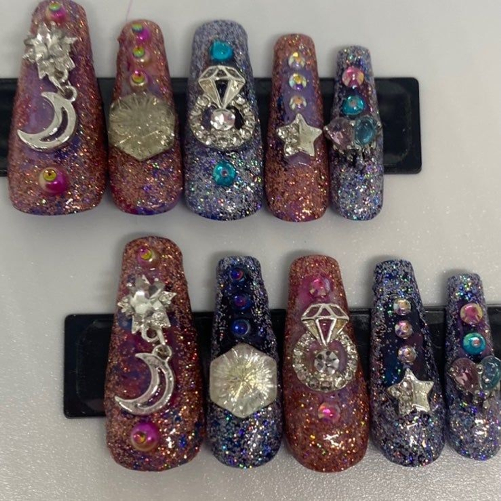 Pink and Blue Glitter Glam Handmade Press On Nail Set