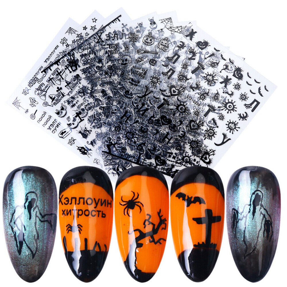 3D Halloween Cross Spider Pumpkin Skull Nail Stickers Art Decals Black DIY NH15