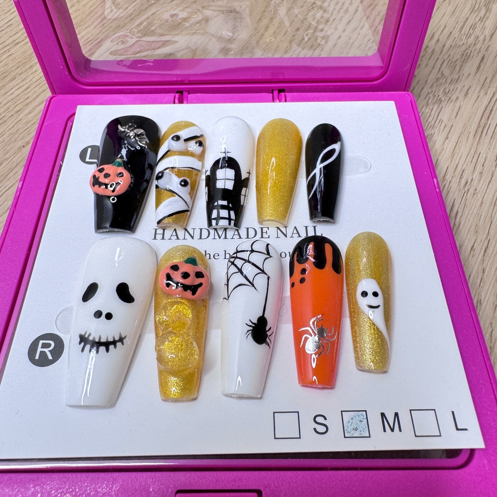 Handmade Hard Gel Press on Nail Art Kit Sz M Halloween Ghost Mummy Pumpkin
