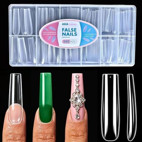 Long Square Nail Tips,240Pcs Clear Full Cover Soft Gel Nail 12 Sizes 02Clear