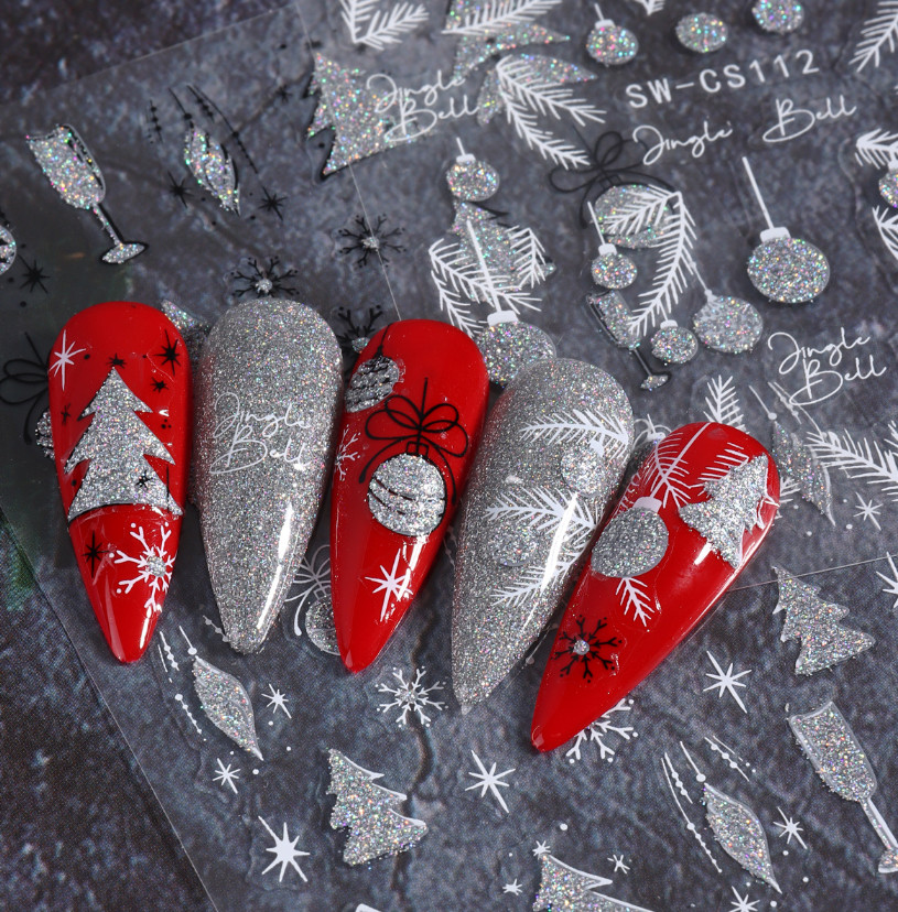 3D Glitter Christmas Snowflake French Feather Nail Art Sticker Manicure DIY NH22