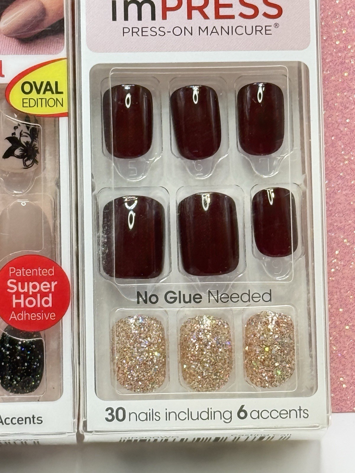 Kiss imPRESS No Glue Press-On Nails Burgundy Wine Nude Glitter Lot Of 3