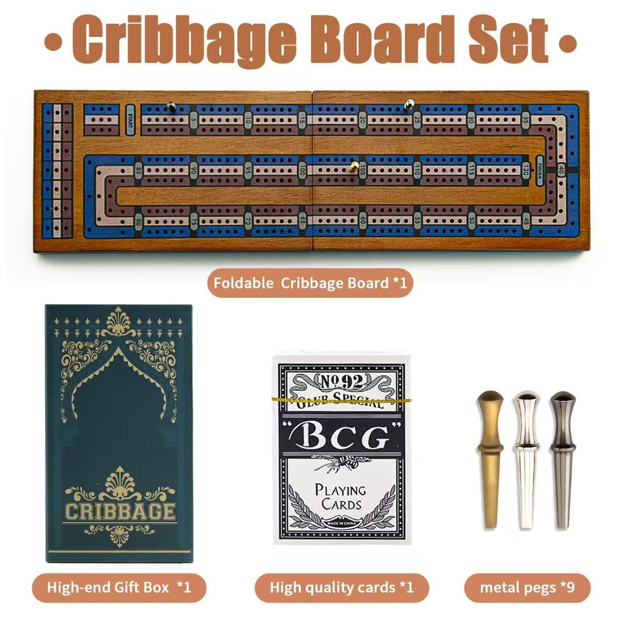 Wooden Cribbage Board Game Set, Travel 1.7 x 14 x 0.1 inches, Walnut Color