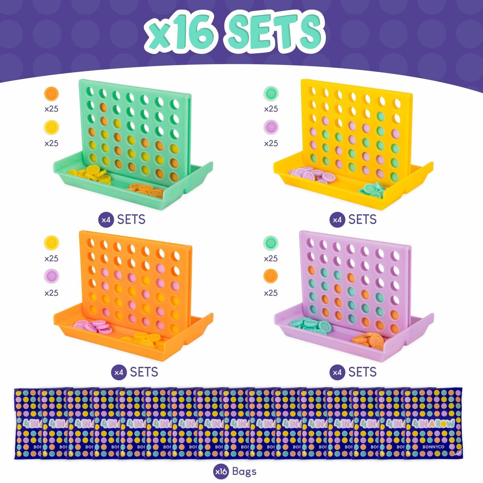 BONNYCO 4 in a Row Pack of 16 Birthday 16, Orange, Yellow, Purple, Green