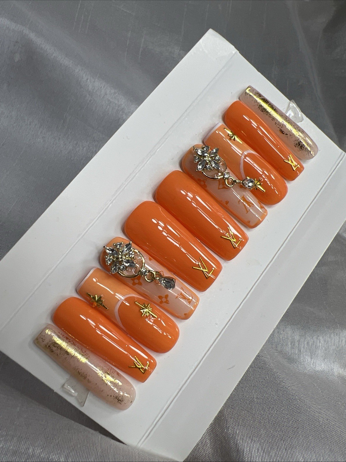 💎 CUSTOM Hard Gel Press On Nails, Orange NUDE , 10p FULL SET W Kit LONG SQUARE