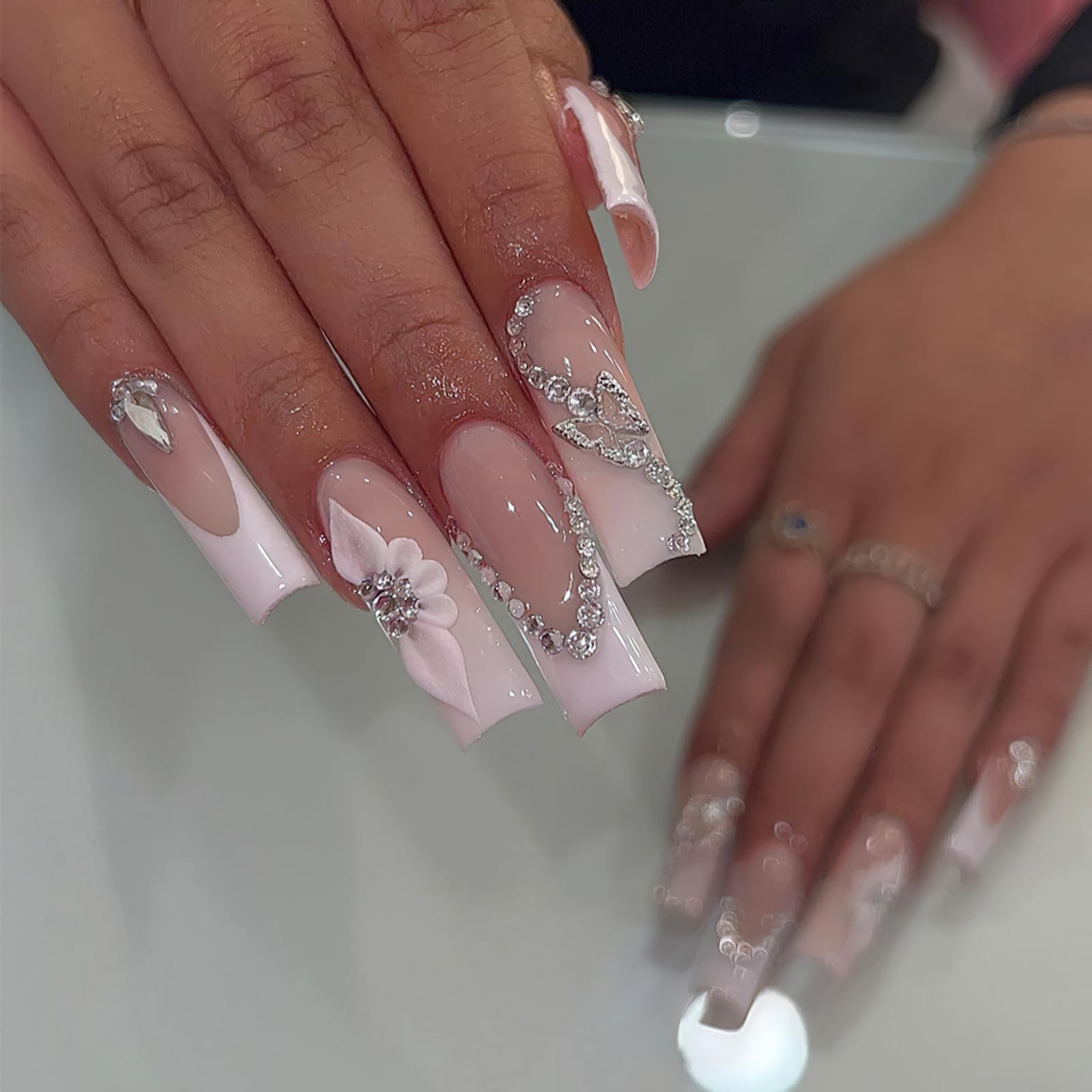 French Tip Press on Nails Long Square Fake Nails Glossy Nude False Nails with…