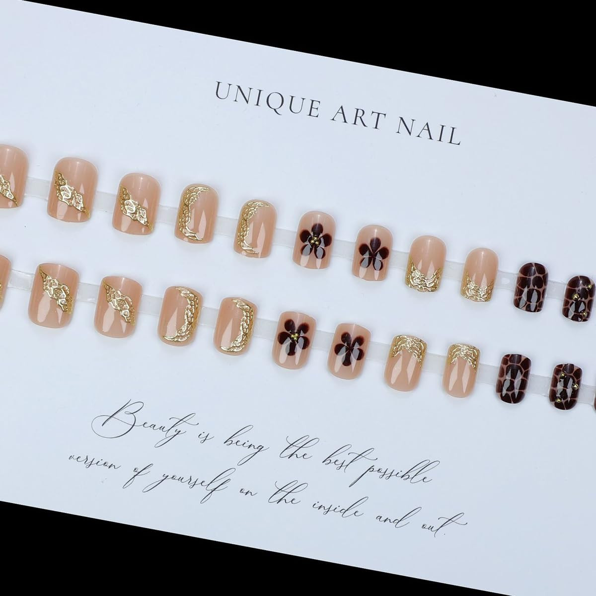 24Pcs Chrome Gold French Tip Press on Nails Short Square ABS Material False Nail