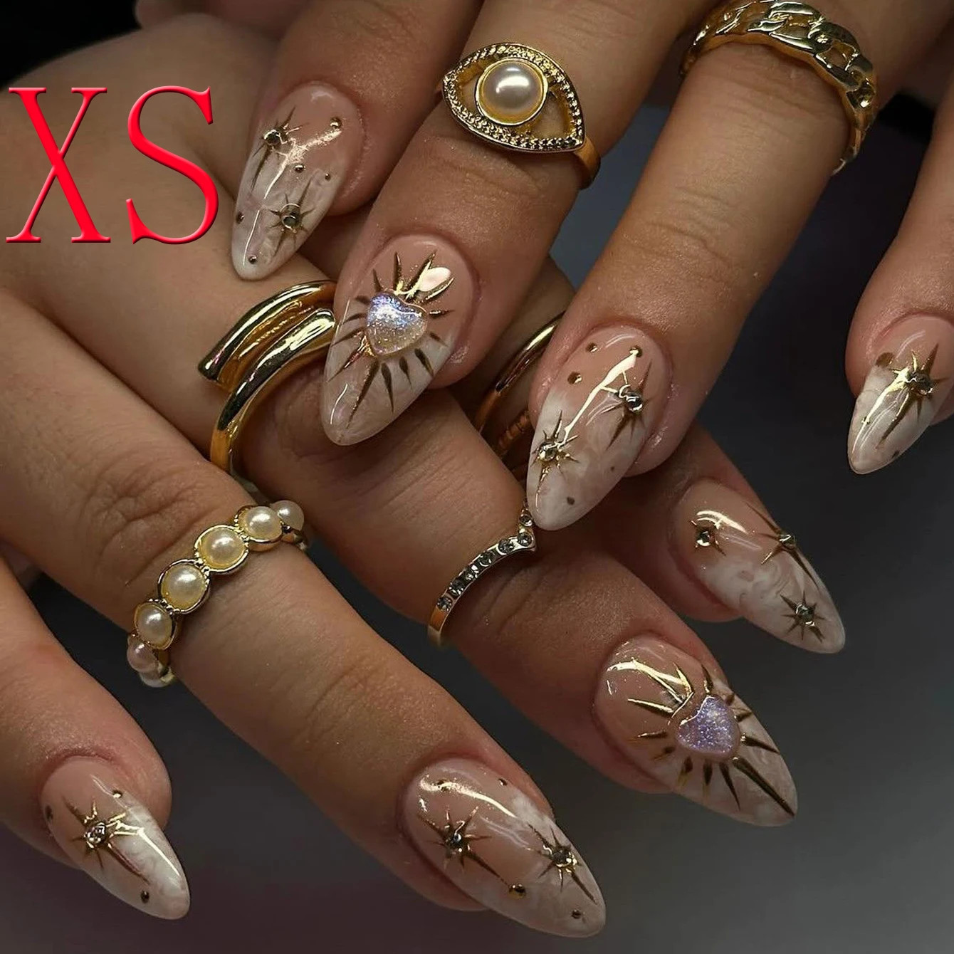 10PCS Gold Sun Star 3D Charm Almond Short Reusable Acrylic Fake Nails for Women