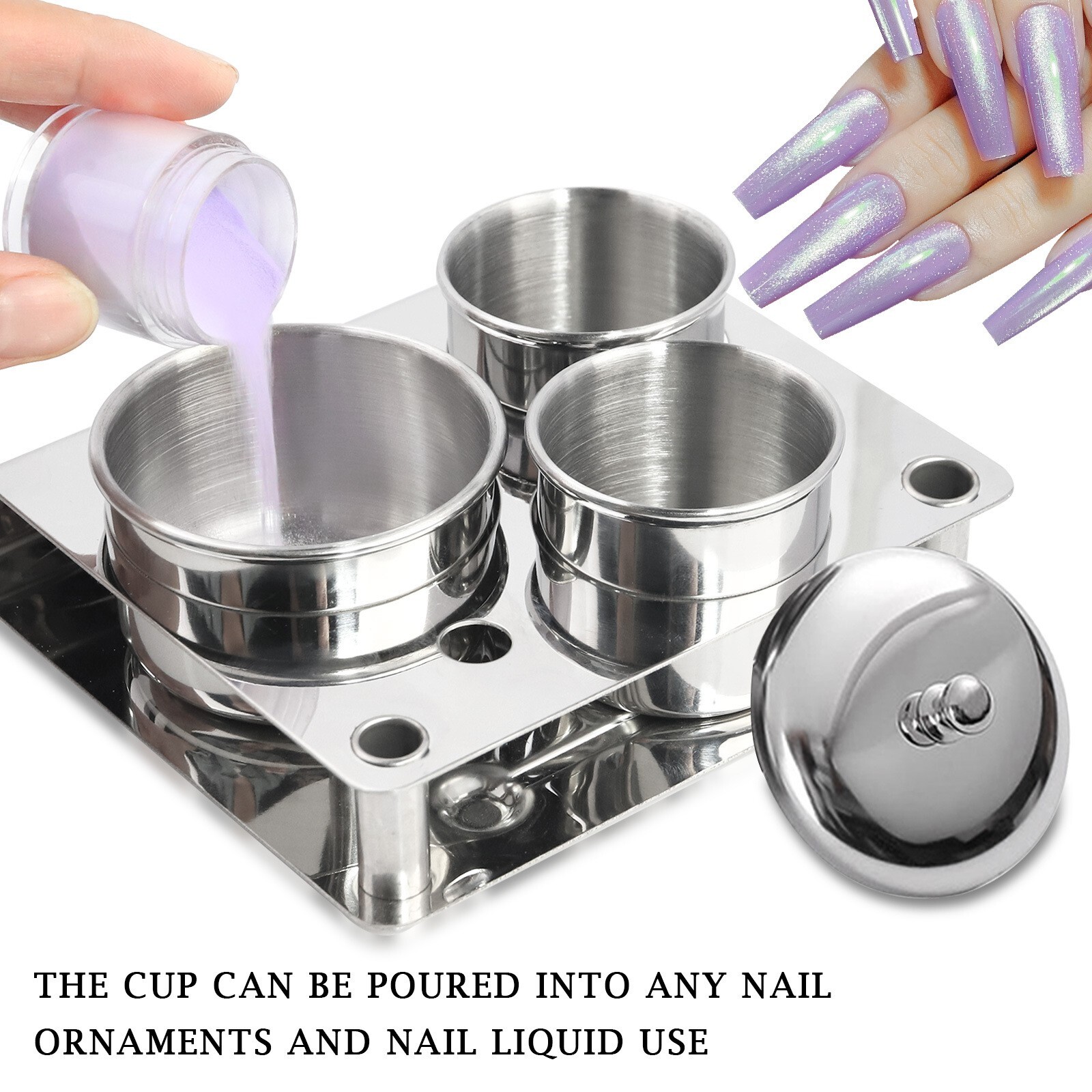 Silver Stainless Steel Nail Art Manicure Acrylic Powder & Liquid Set Storage Cup