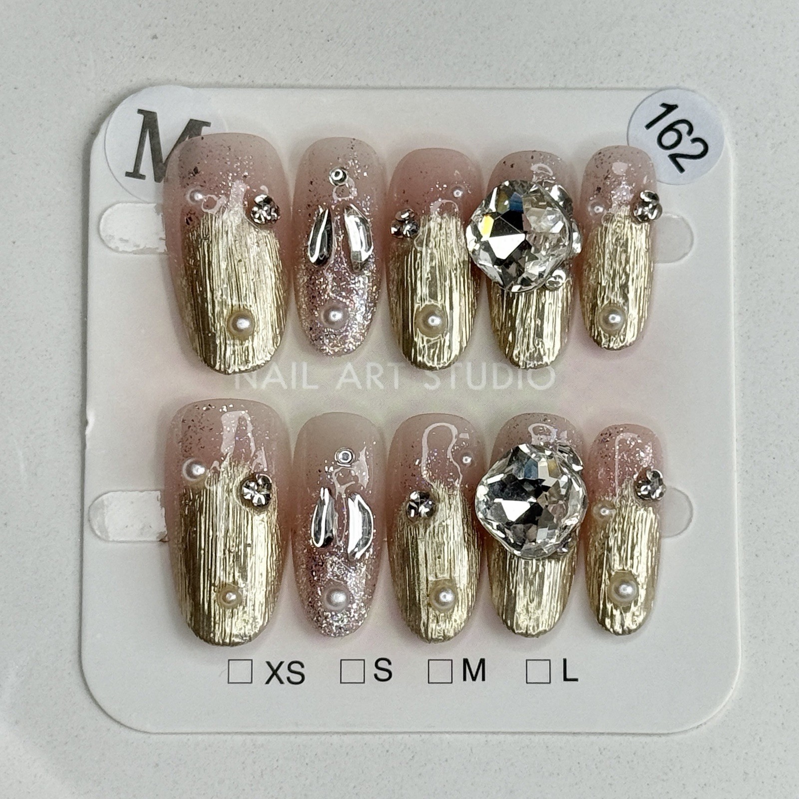 Handmade Pink Rhinestone Ring Press-On Nails Medium Oval SizeM Reusable