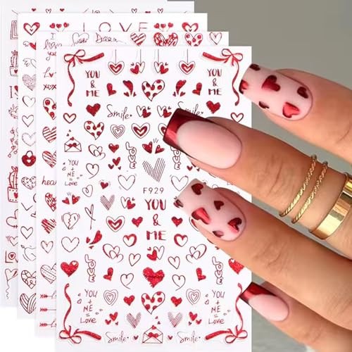 4Pcs Red Valentine’s Day Nail Art Stickers – Love Heart Nail Decals, 3D Self