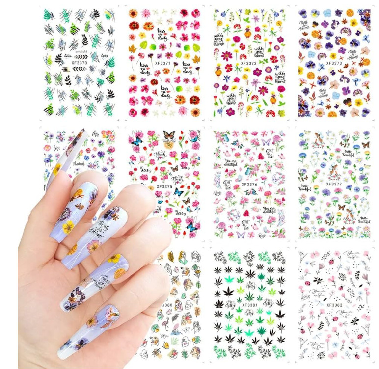 12Pcs Flower Nail Art Stickers Floral Butterfly Rose Women Girl Decorate NS36