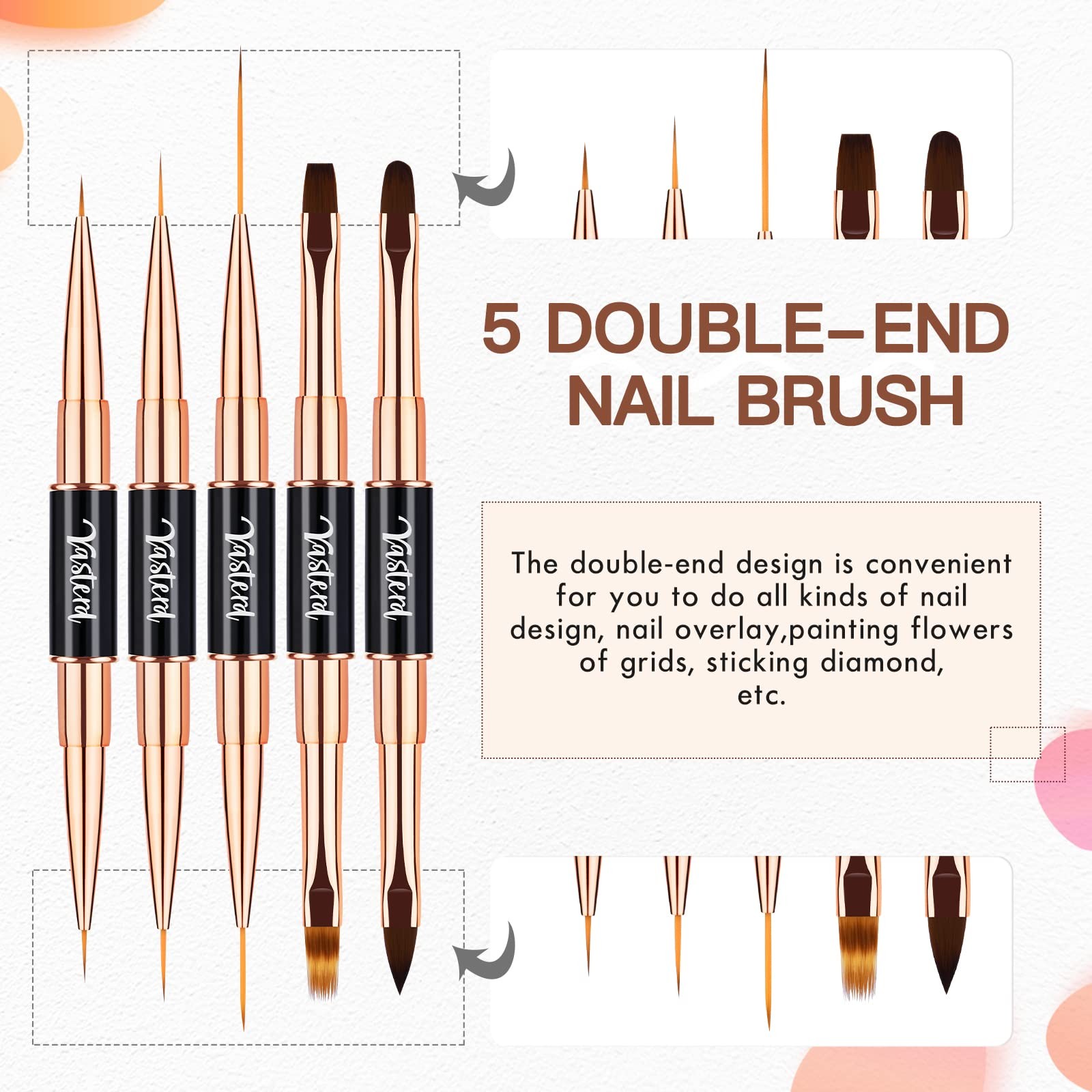 Yasterd Nail Art Brush Set Professional- 5pcs Double-Ended Nail Art Brushes f…