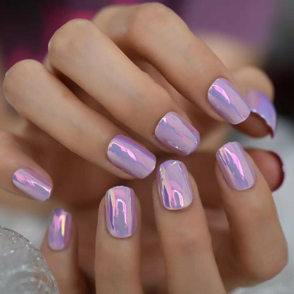 Holographic Press on Nails Pink Purple Metallic with glue unicorn chrome mirror