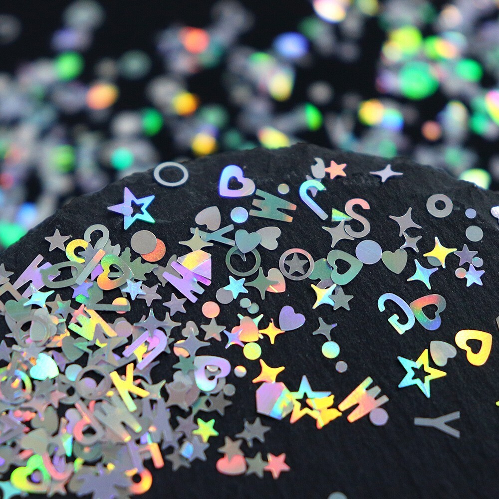 12 Grids Mixed Nail Art Sequins Laser Silver Love Star Glitter Flakes For DIY