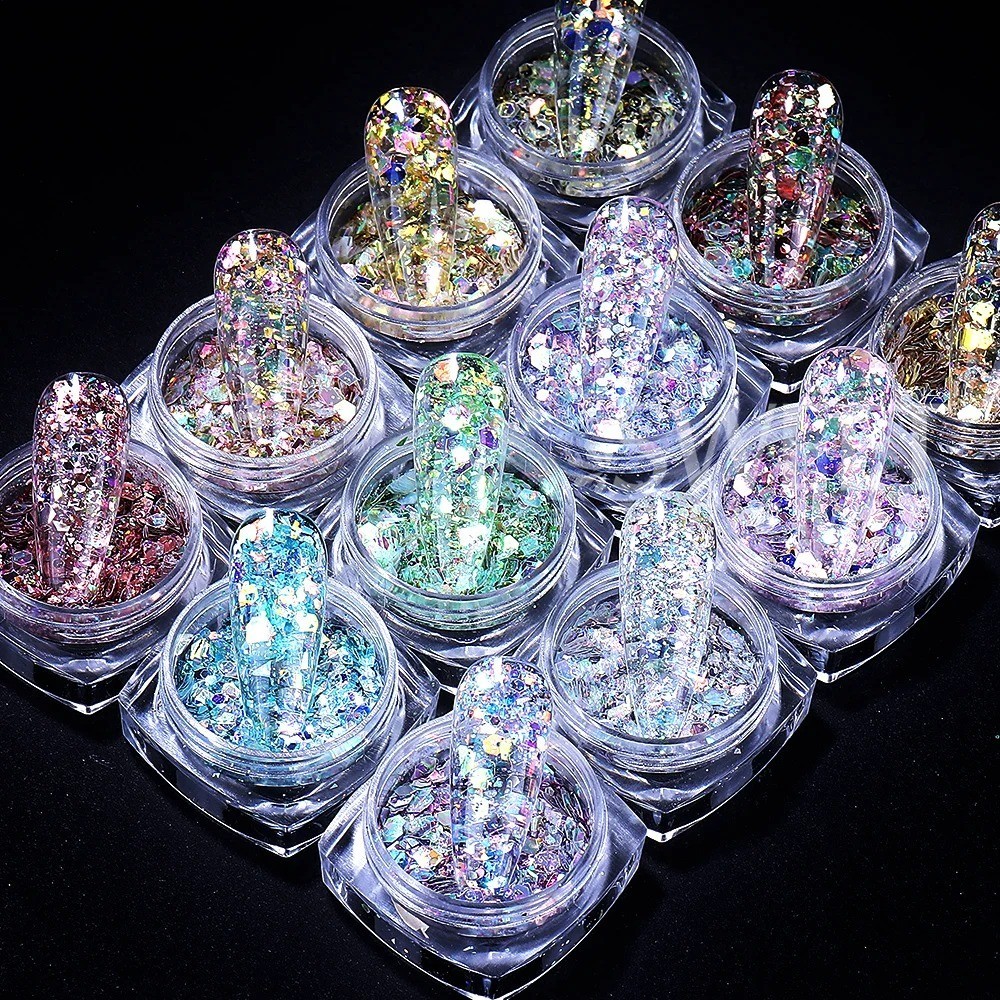 6PCS Chrome Mirror Nail Powder Set Gold Silver Holographic Aurora Pigment