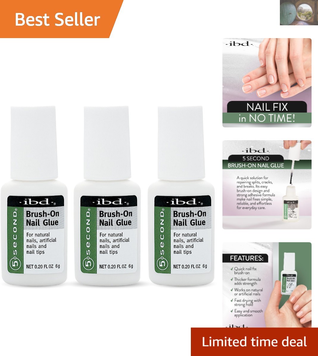 Cruelty-Free 5-Second Nail Glue for Acrylics & Press-Ons – 3 x 0.20 Fl Oz