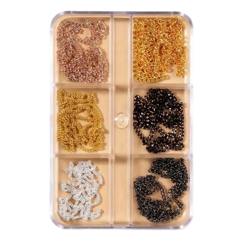 Bold Timeless Nail Design Metal Chains Mixed Charms 6 Grids Embellishment Kit