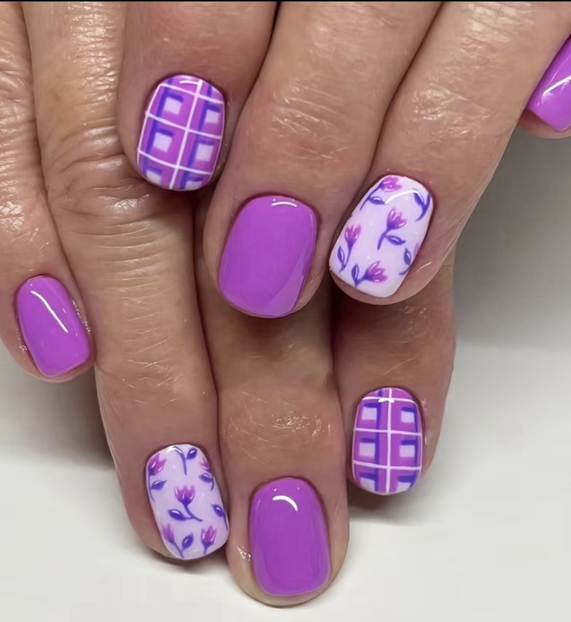 Beautiful Nail Purple Square Short Press-On Nails Floral Plaid Theme Glue