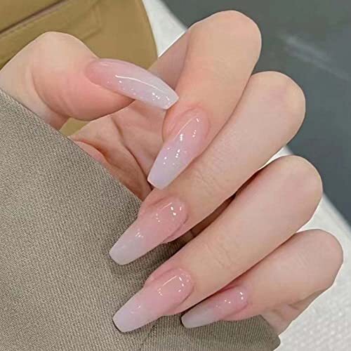 Ombre Press on Coffin Fake Nails Ombre Milky White Pink Design Glue on Nails