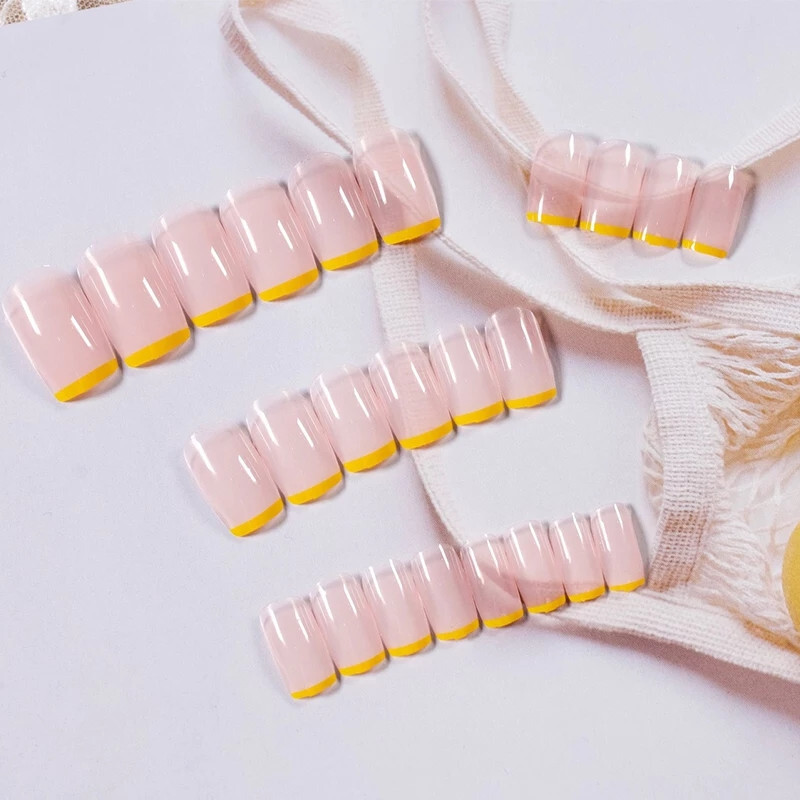 24 Short Press on nails kit w glue yellow sunny french tip clear nude