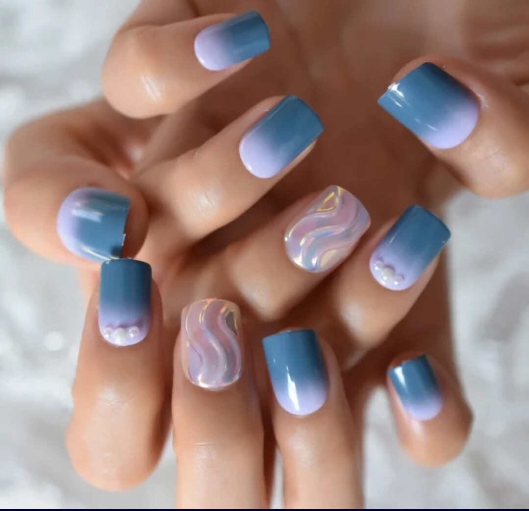 24 Unique 3D Swirl Press On Nails Short Ombre purple blue holographic Glue On di