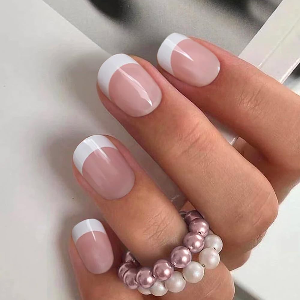 Curvlife Press on Nails 30Pcs Short Square French Natural Acrylic Fake Nails