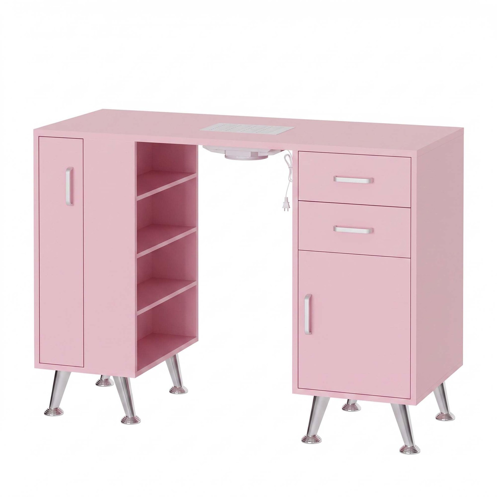 SunnyFurn 42.5” Nail Desk Pink w/ Dust Collector & Storage Drawers