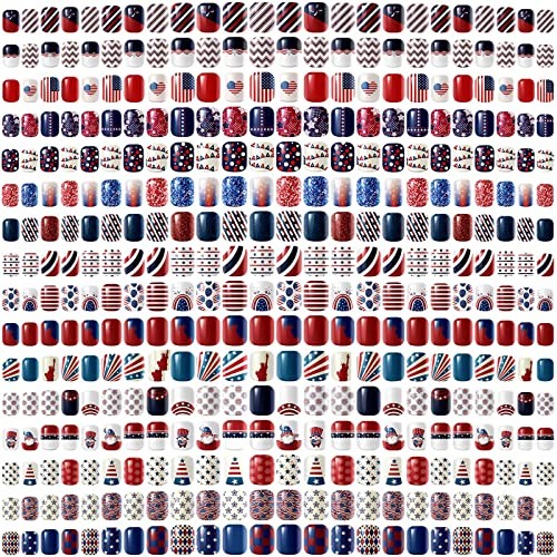 16 Pack 4th of July Press on Nails – Patriotic Retro Flag Pattern 384 Pieces