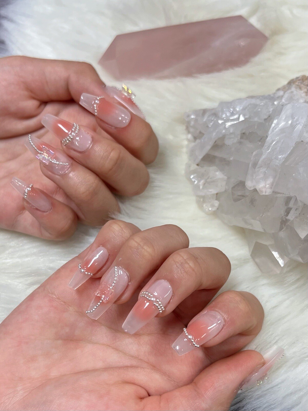 23Handmade Gel Press On Nails | Long Coffin Pink Butterfly Chain Reusable